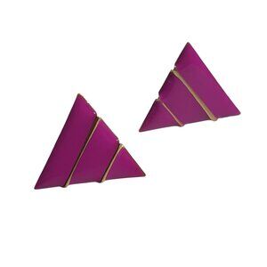 Vintage Geometric Purple Fuchsia Clip On Earrings Triangular Gold Tone Jewelry